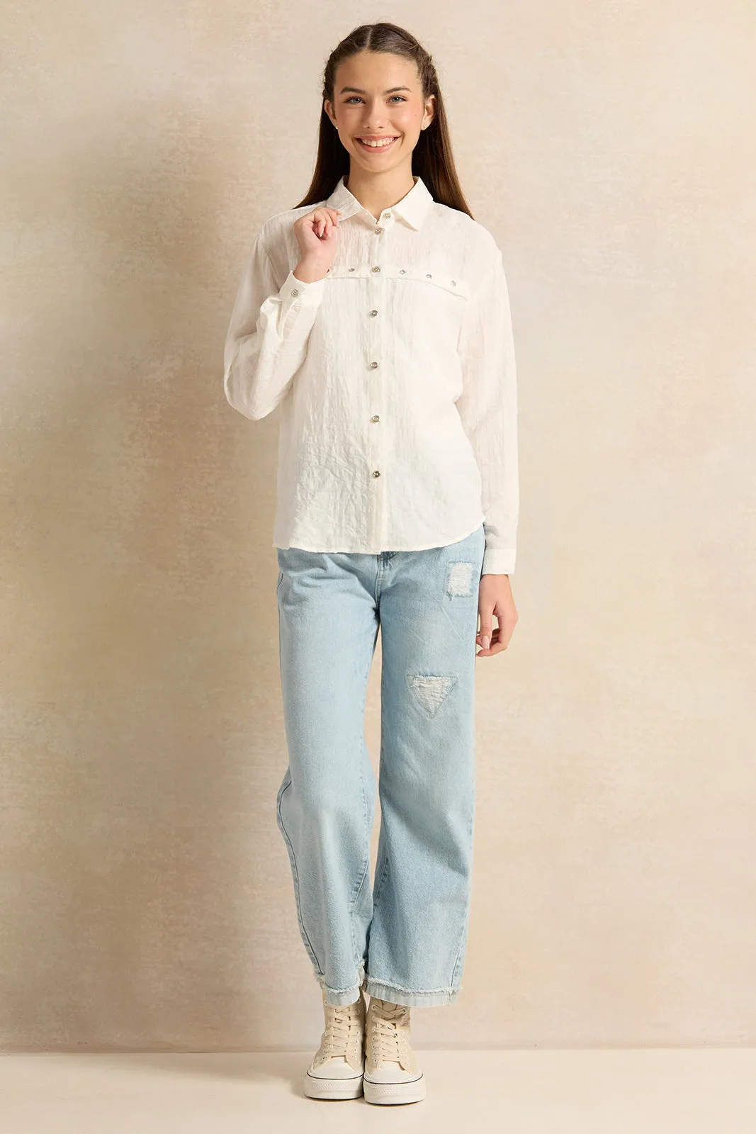 Senior Girls White Embellished Shirt With Eyelets Contrast