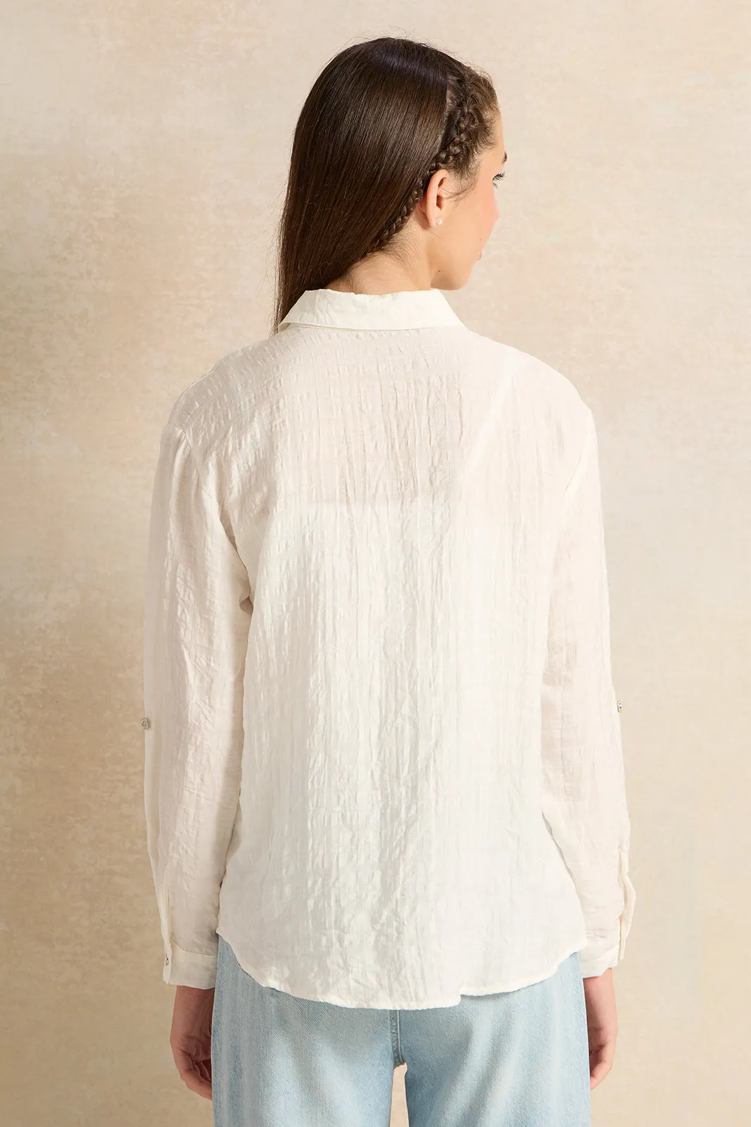 Senior Girls White Embellished Shirt With Eyelets Contrast