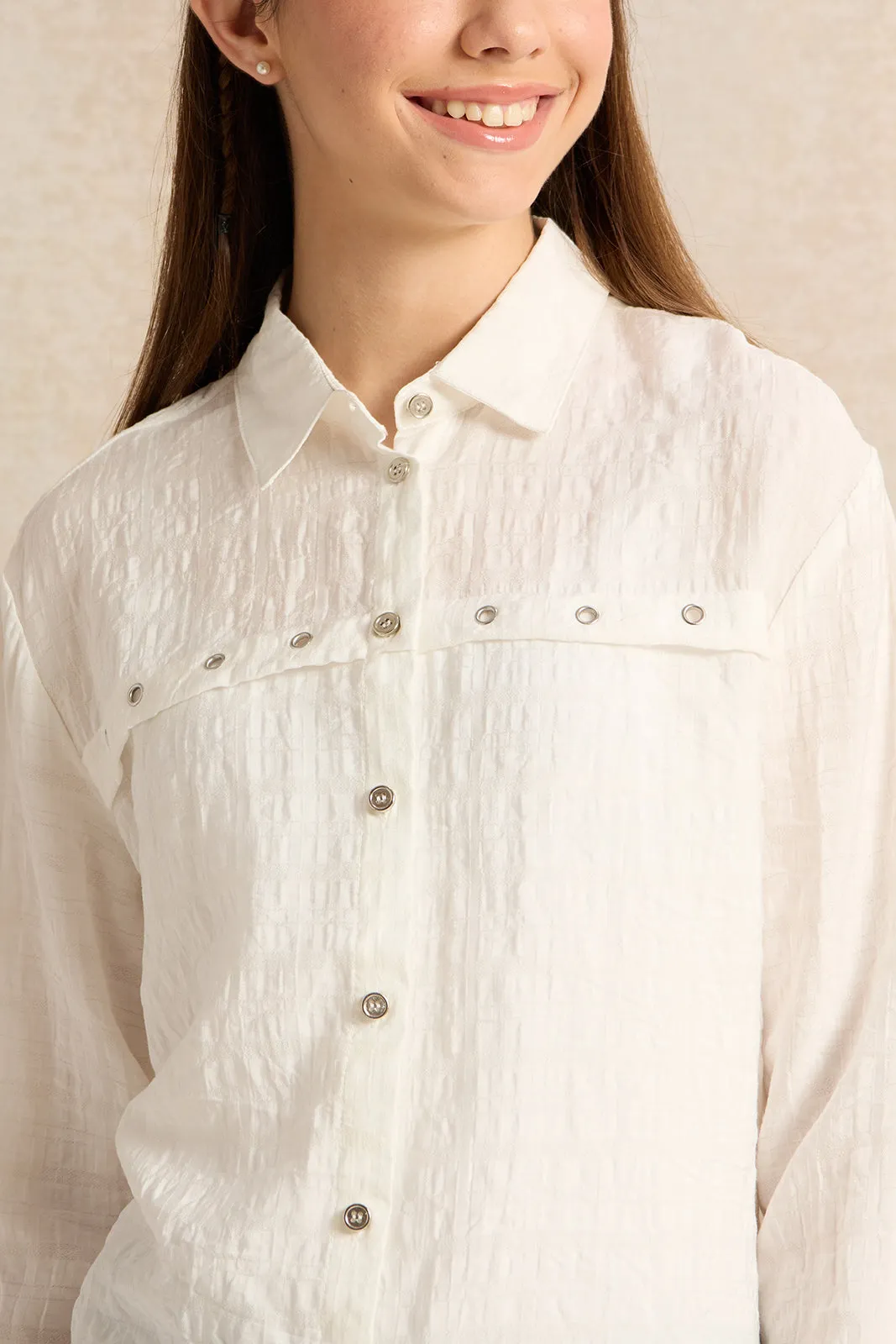 Senior Girls White Embellished Shirt With Eyelets Contrast