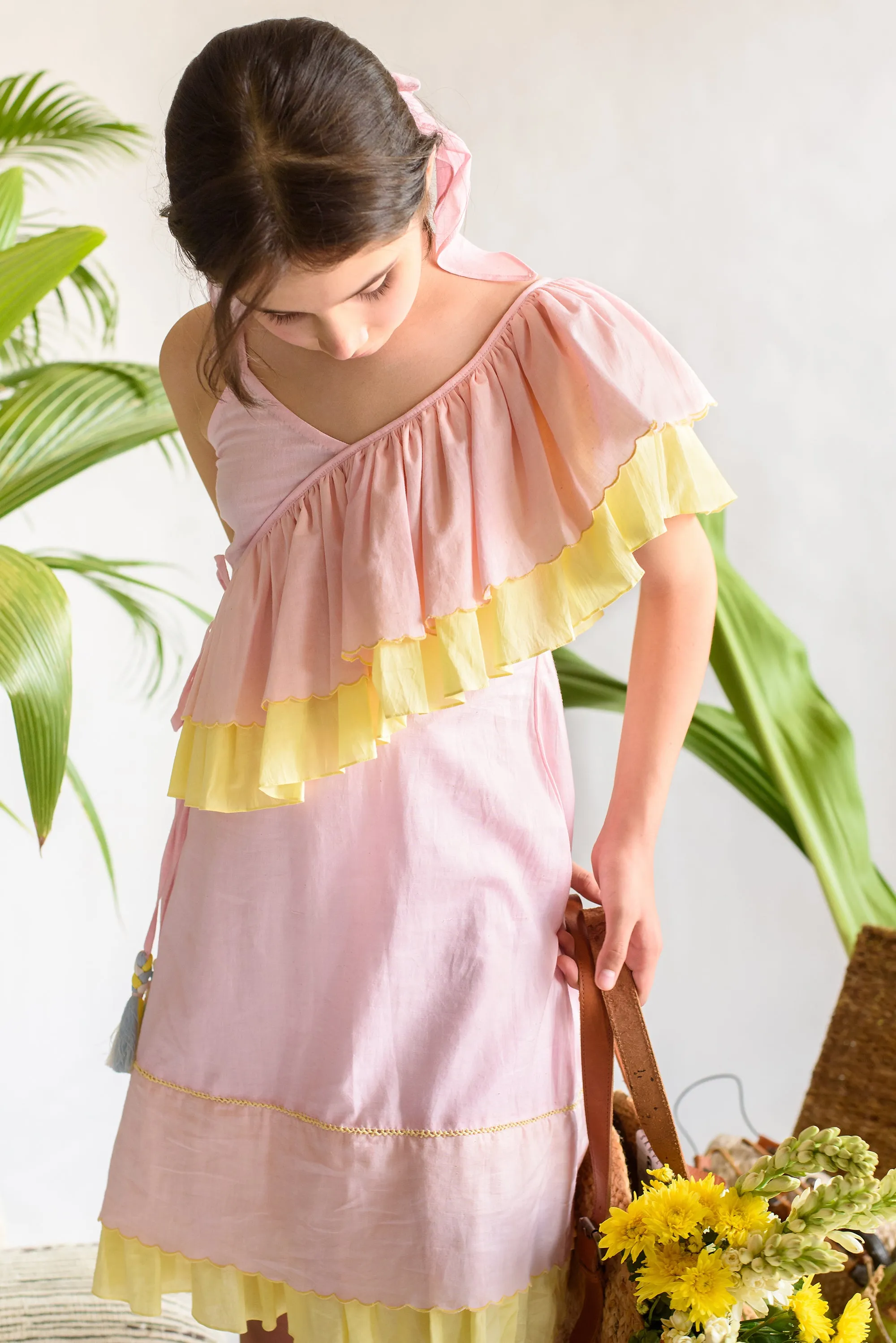 Summer Daisy- Pink & Yellow Organic Cotton Dress For Girls