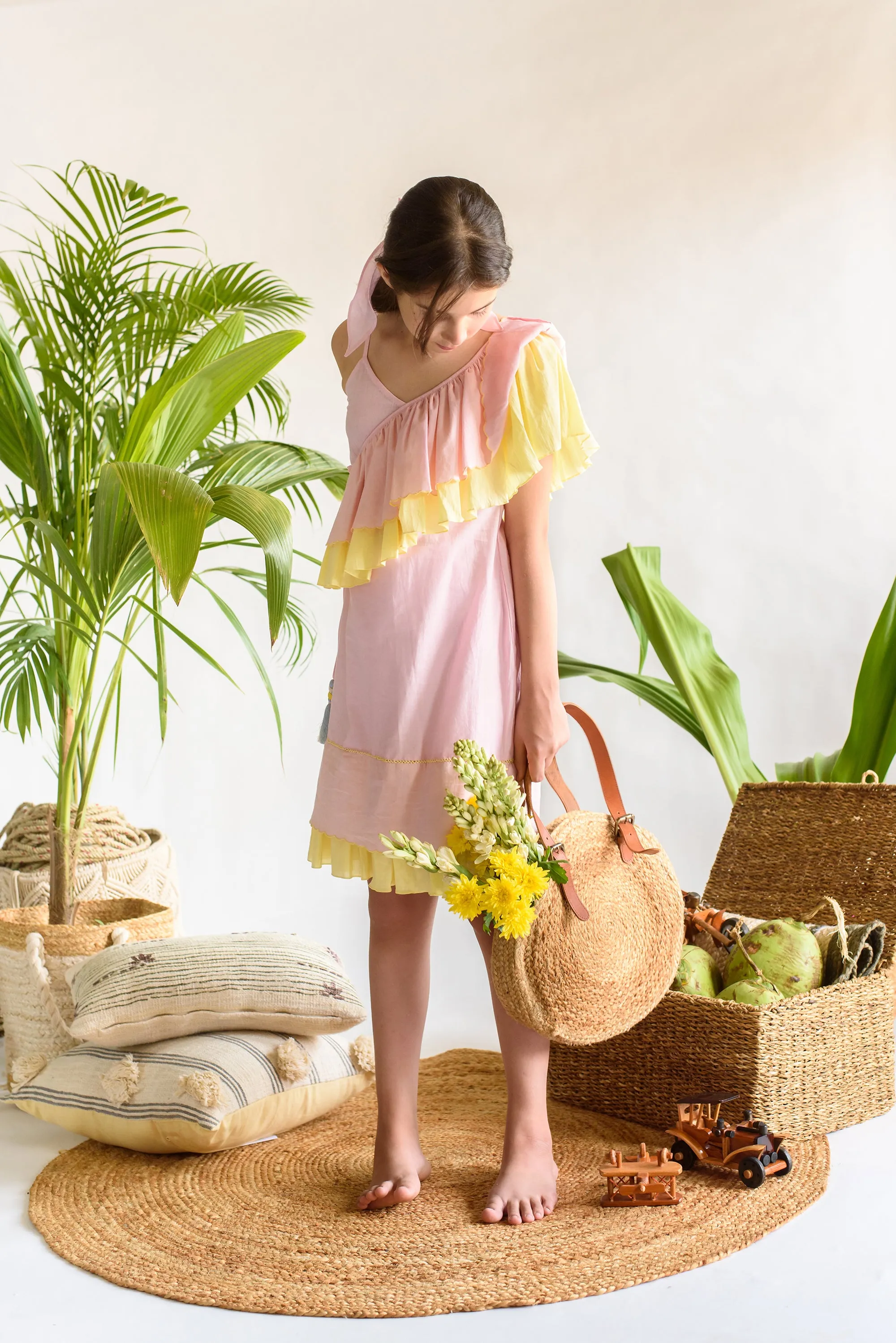 Summer Daisy- Pink & Yellow Organic Cotton Dress For Girls