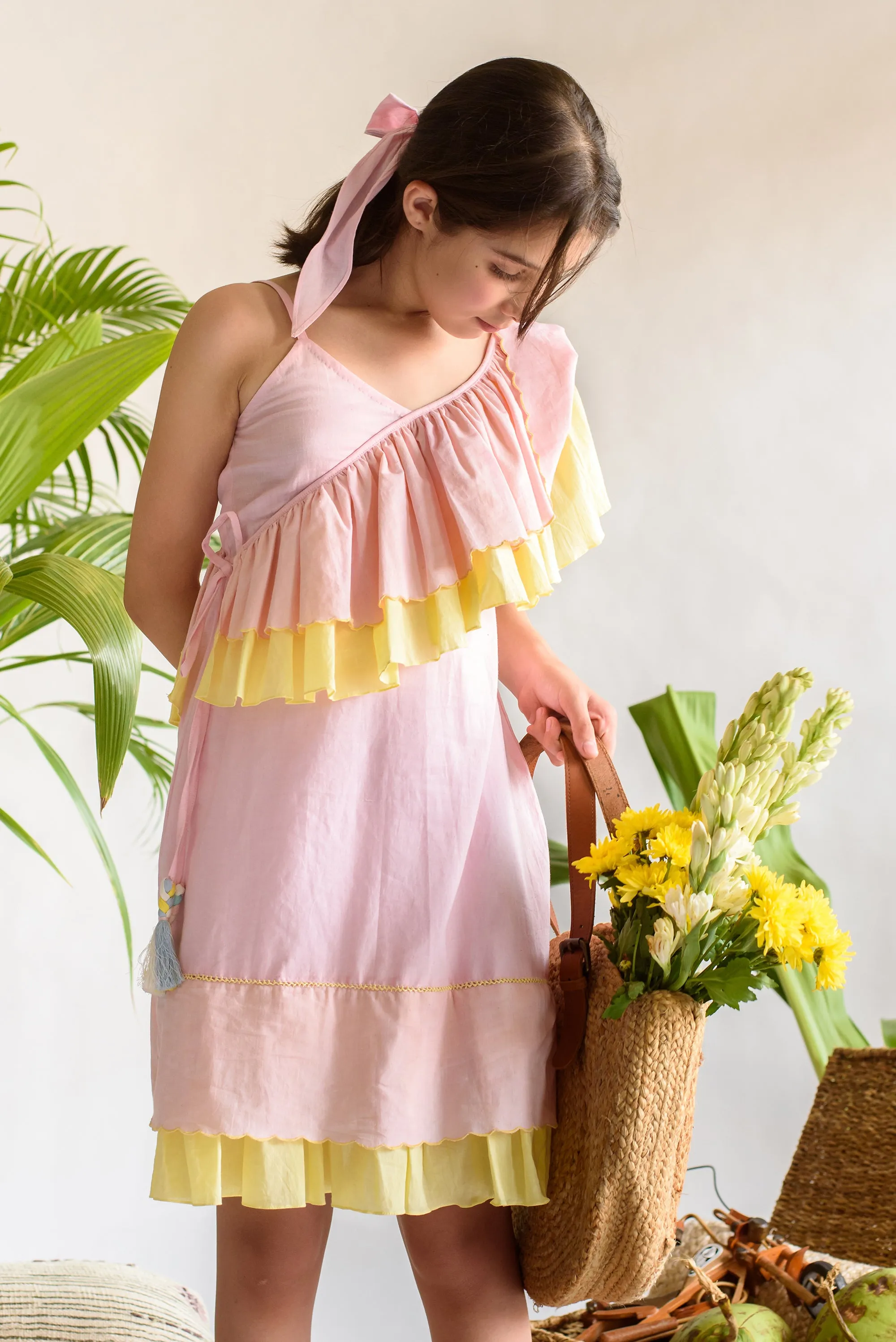 Summer Daisy- Pink & Yellow Organic Cotton Dress For Girls