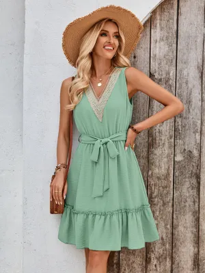 Summer Women Clothing Fresh Air Solid Color V neck Sleeveless Lace Waist Tight Dress