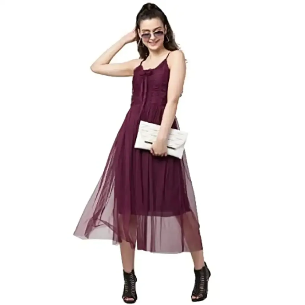 Teekhi Girl Women's Solid Net Casual Sleeveless A-Line Dress (Wine)