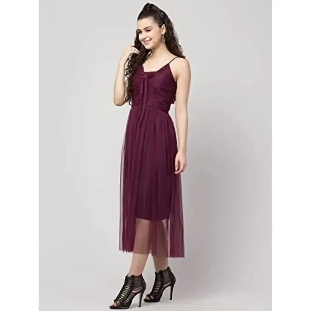 Teekhi Girl Women's Solid Net Casual Sleeveless A-Line Dress (Wine)