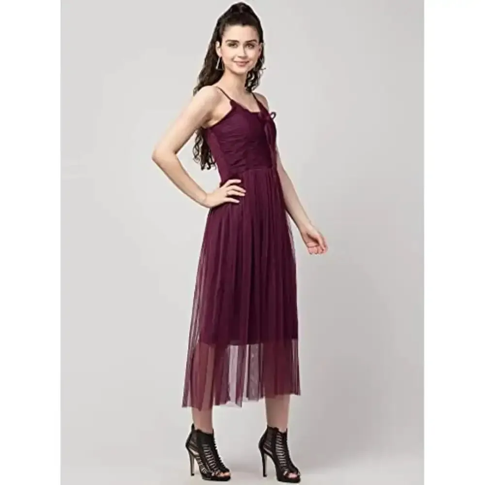 Teekhi Girl Women's Solid Net Casual Sleeveless A-Line Dress (Wine)