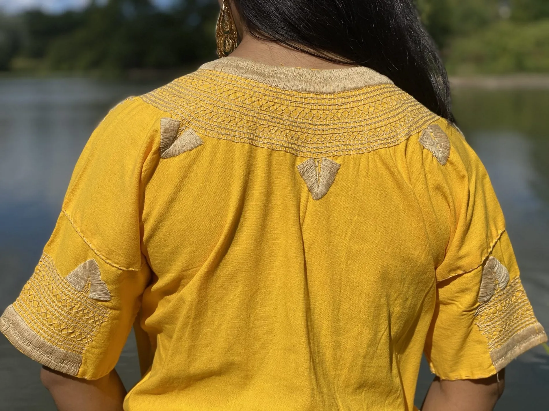 Traditional Mexican Golden Embroidered 3/4 Sleeve Blouse. Blusa Milpas Dorada