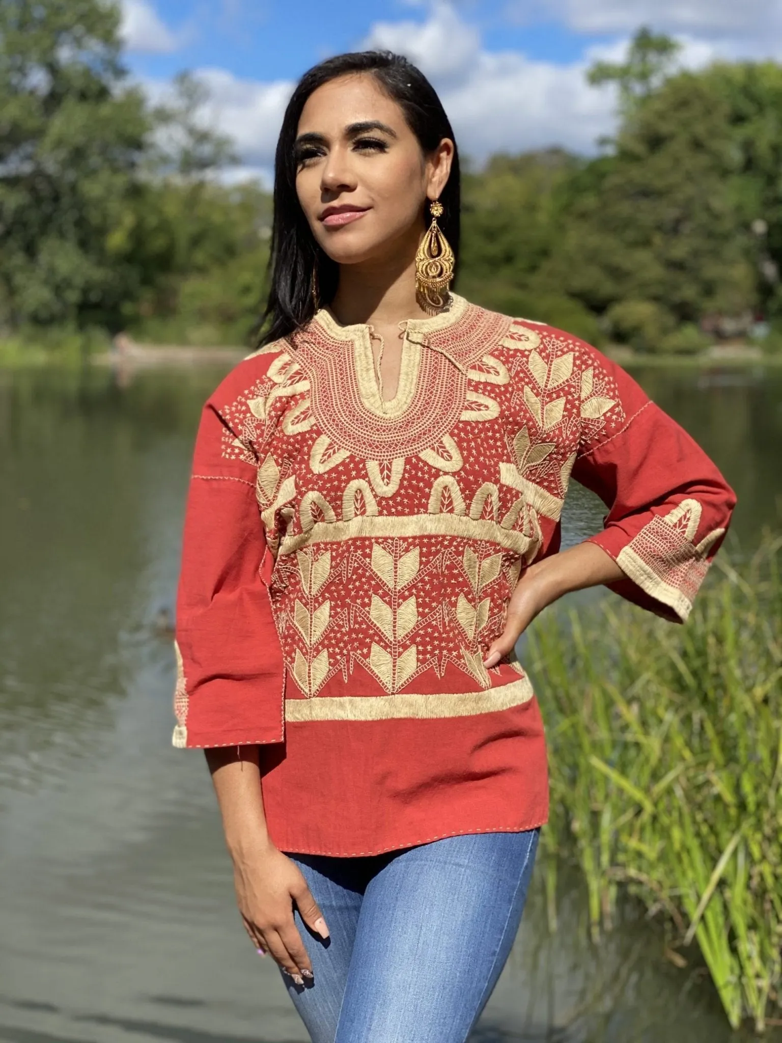 Traditional Mexican Golden Embroidered 3/4 Sleeve Blouse. Blusa Milpas Dorada