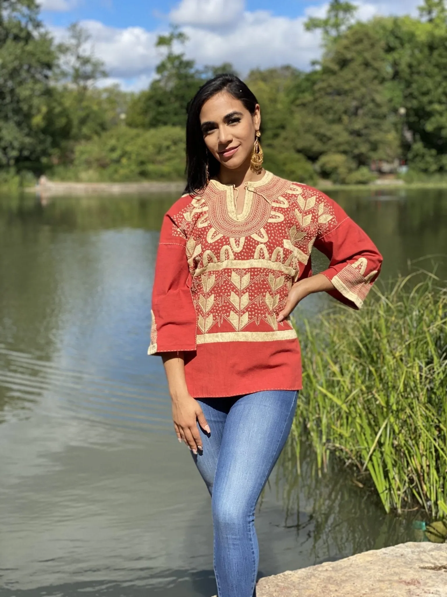 Traditional Mexican Golden Embroidered 3/4 Sleeve Blouse. Blusa Milpas Dorada