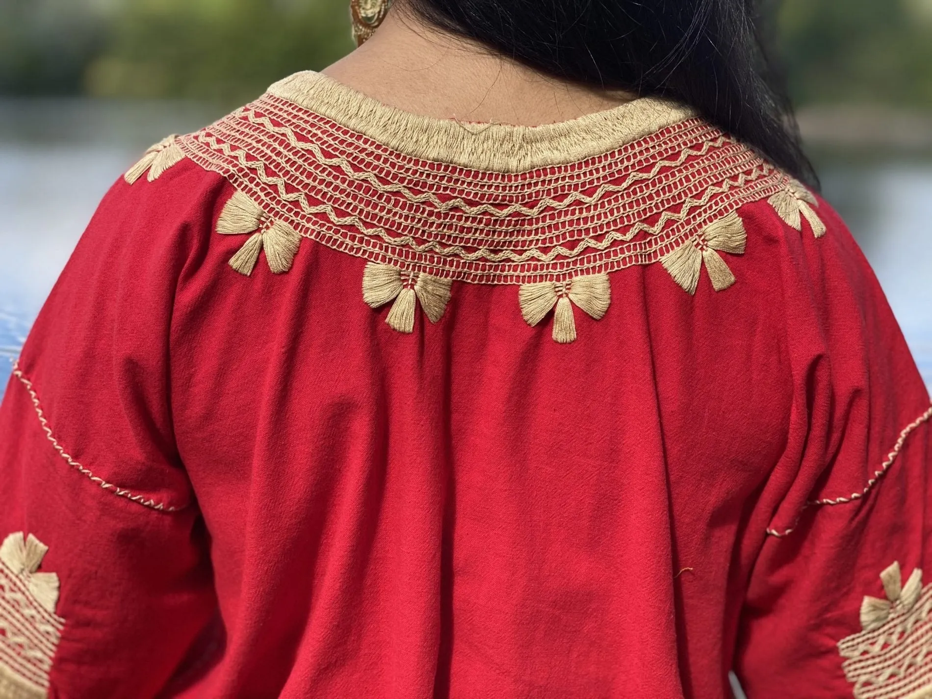 Traditional Mexican Golden Embroidered 3/4 Sleeve Blouse. Blusa Milpas Dorada