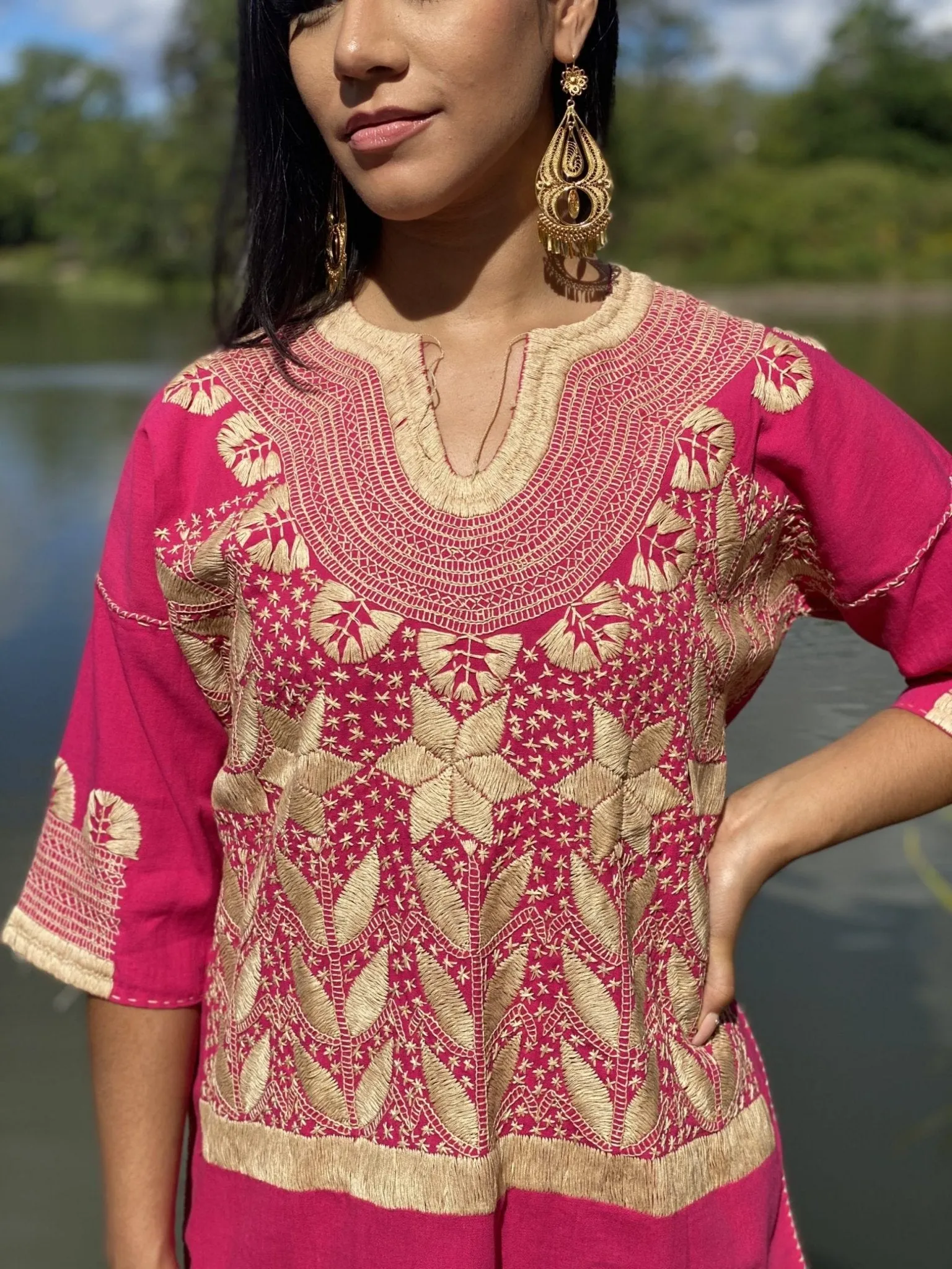 Traditional Mexican Golden Embroidered 3/4 Sleeve Blouse. Blusa Milpas Dorada