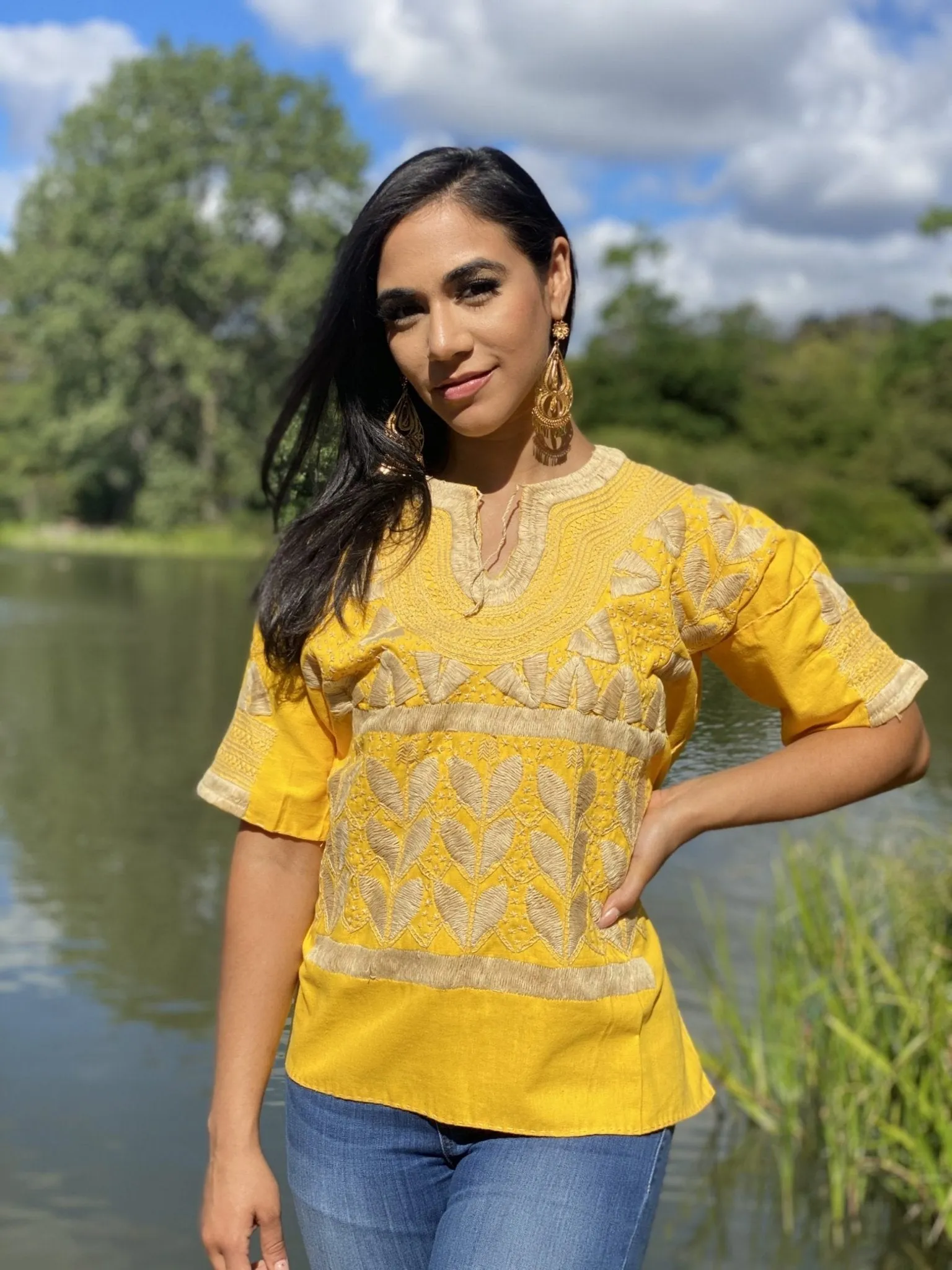 Traditional Mexican Golden Embroidered 3/4 Sleeve Blouse. Blusa Milpas Dorada