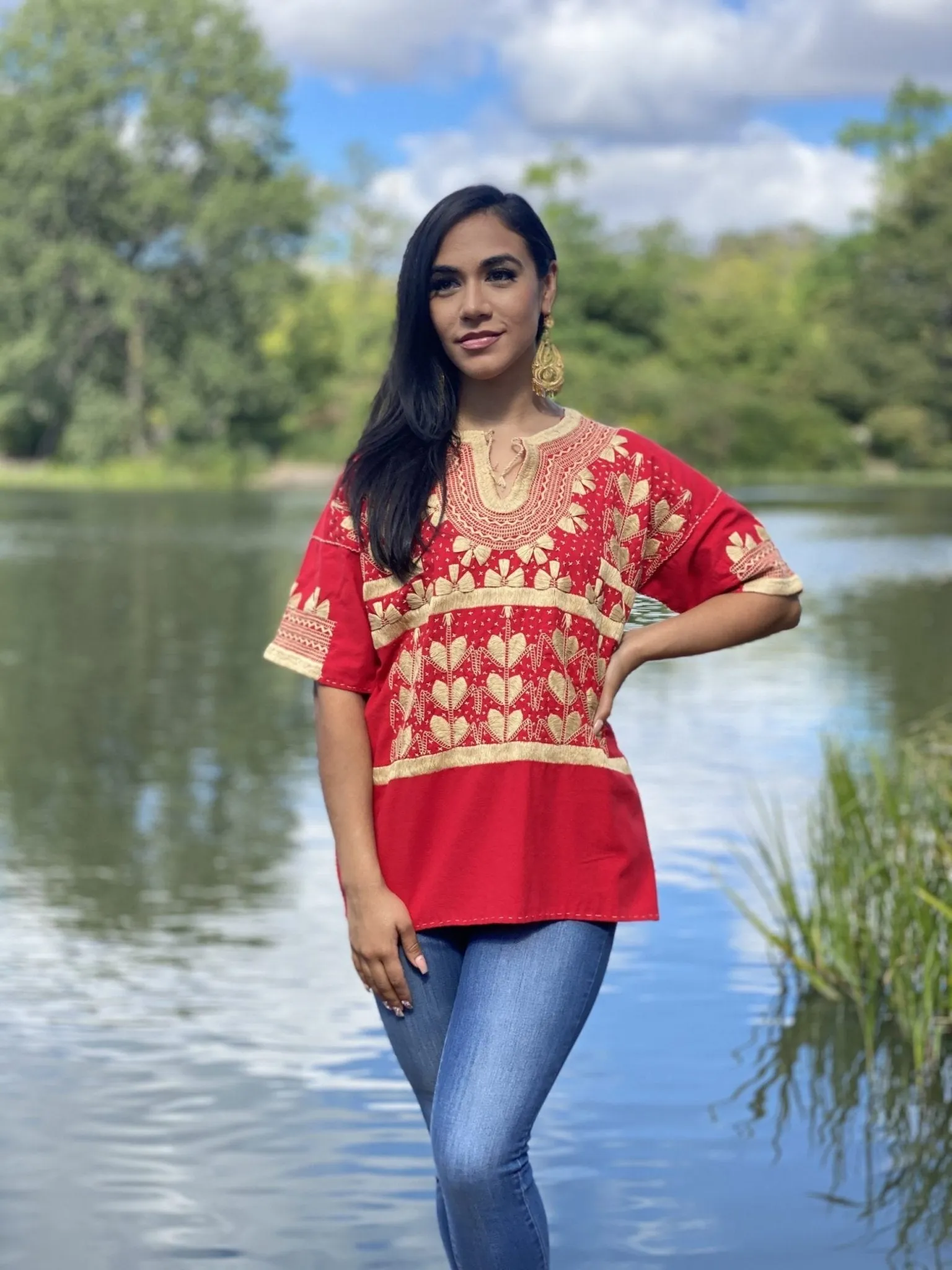 Traditional Mexican Golden Embroidered 3/4 Sleeve Blouse. Blusa Milpas Dorada