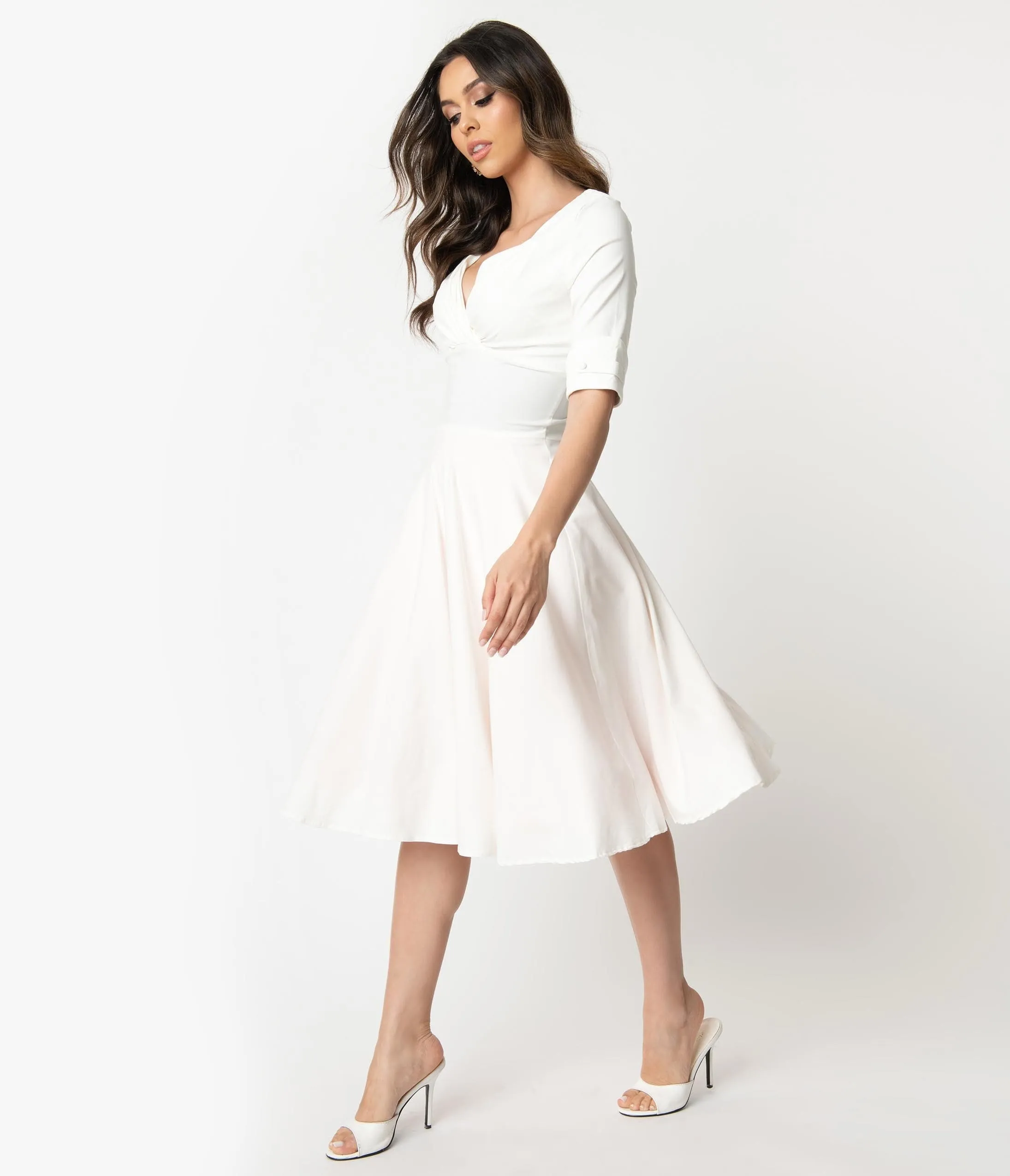 Unique Vintage Ivory Delores Swing Dress with Sleeves