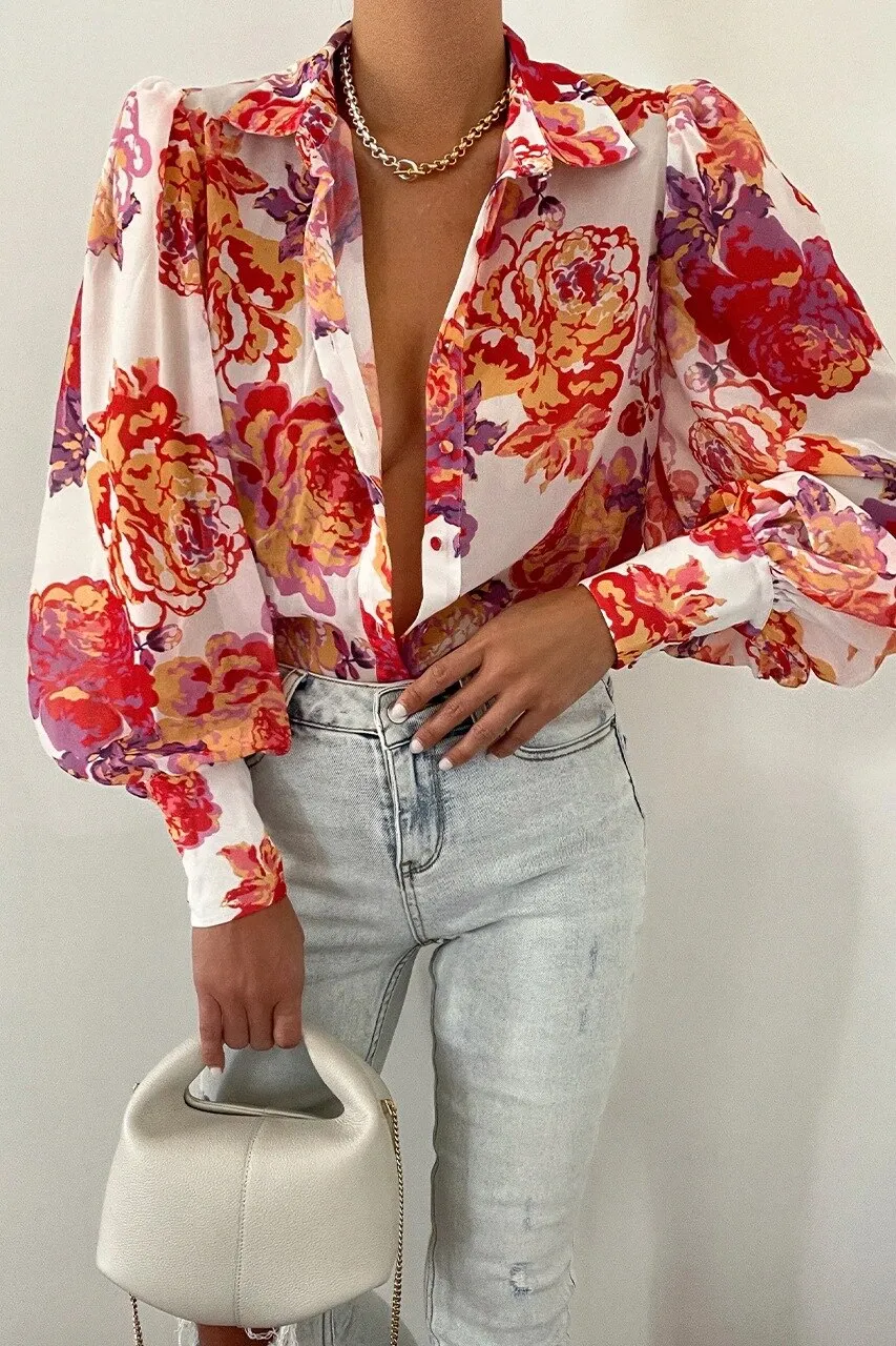 Wenkouban Spring Fashion Shirt Women's Blouses Elegant V-neck Print Puff Sleeve Office Shirts Female Summer New Formal Ladies Top