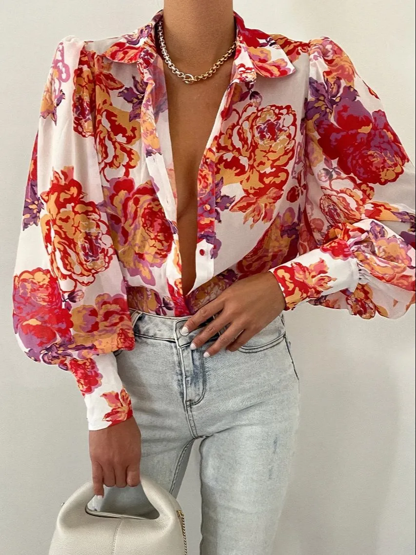 Wenkouban Spring Fashion Shirt Women's Blouses Elegant V-neck Print Puff Sleeve Office Shirts Female Summer New Formal Ladies Top