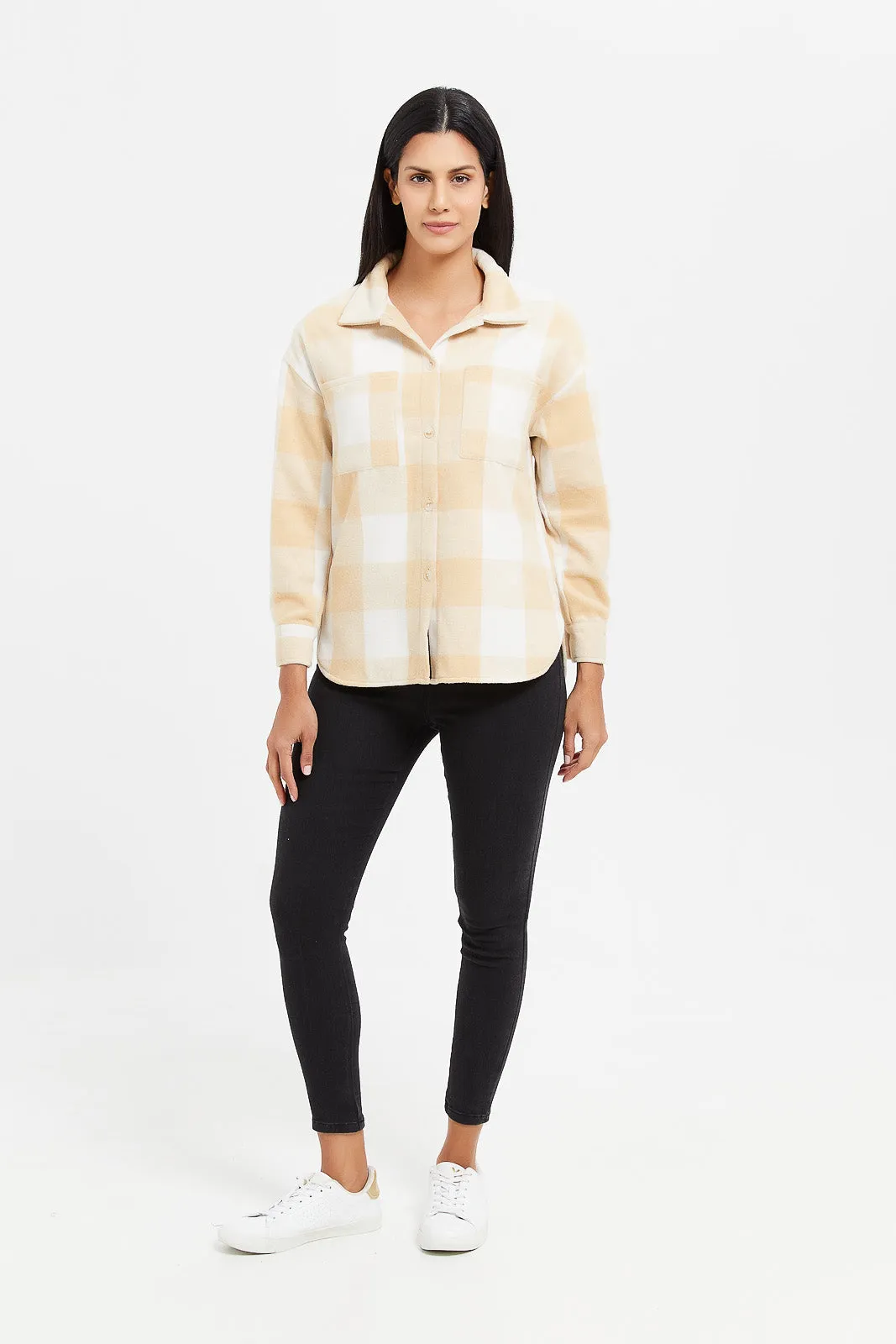 Women Beige Checkered Oversized Shirt