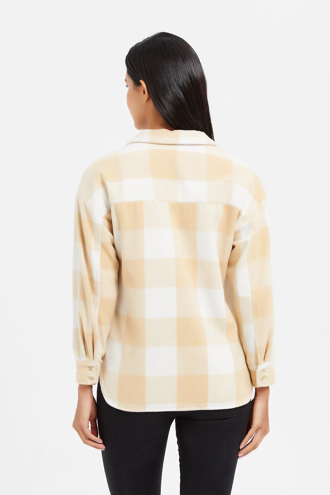 Women Beige Checkered Oversized Shirt