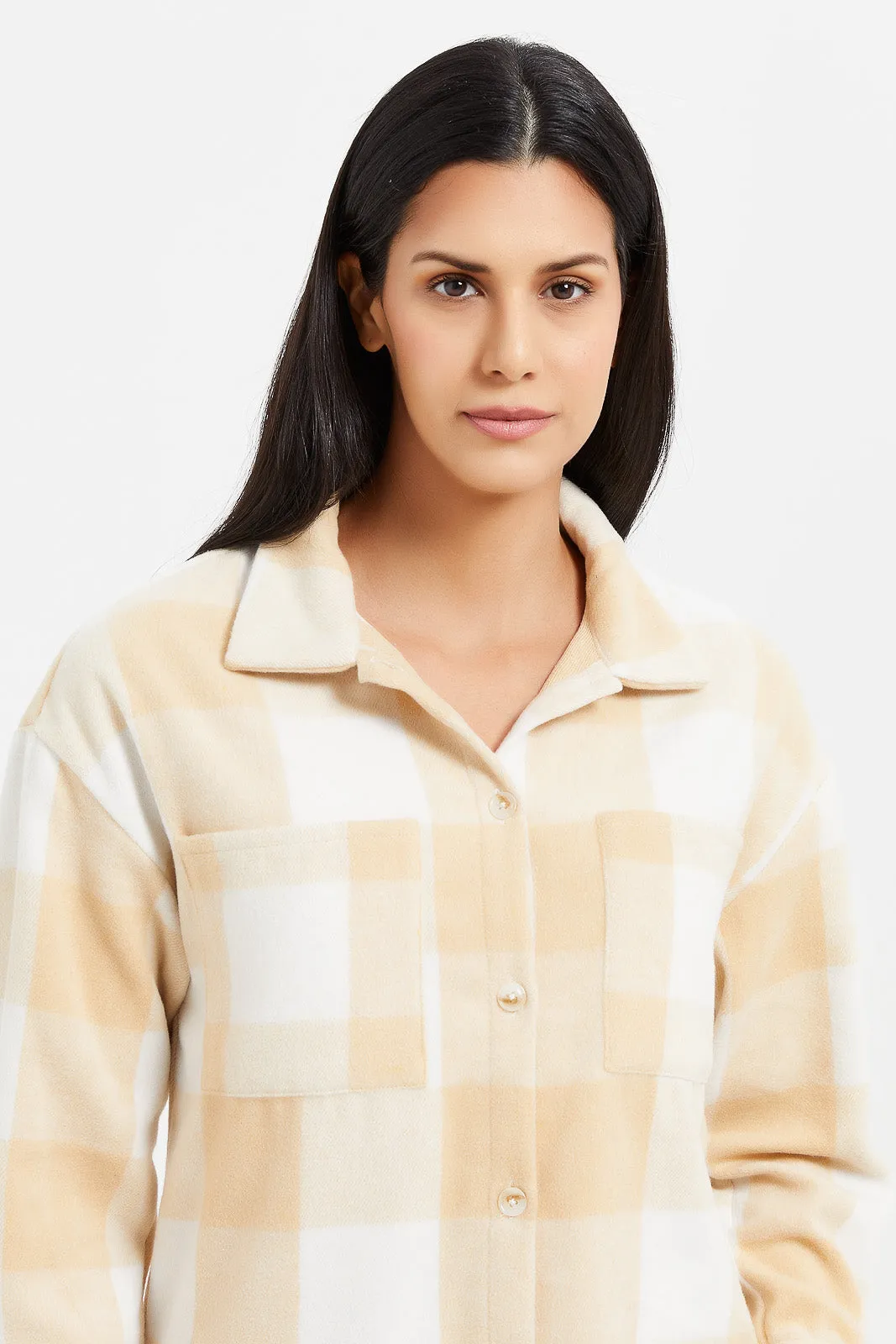 Women Beige Checkered Oversized Shirt