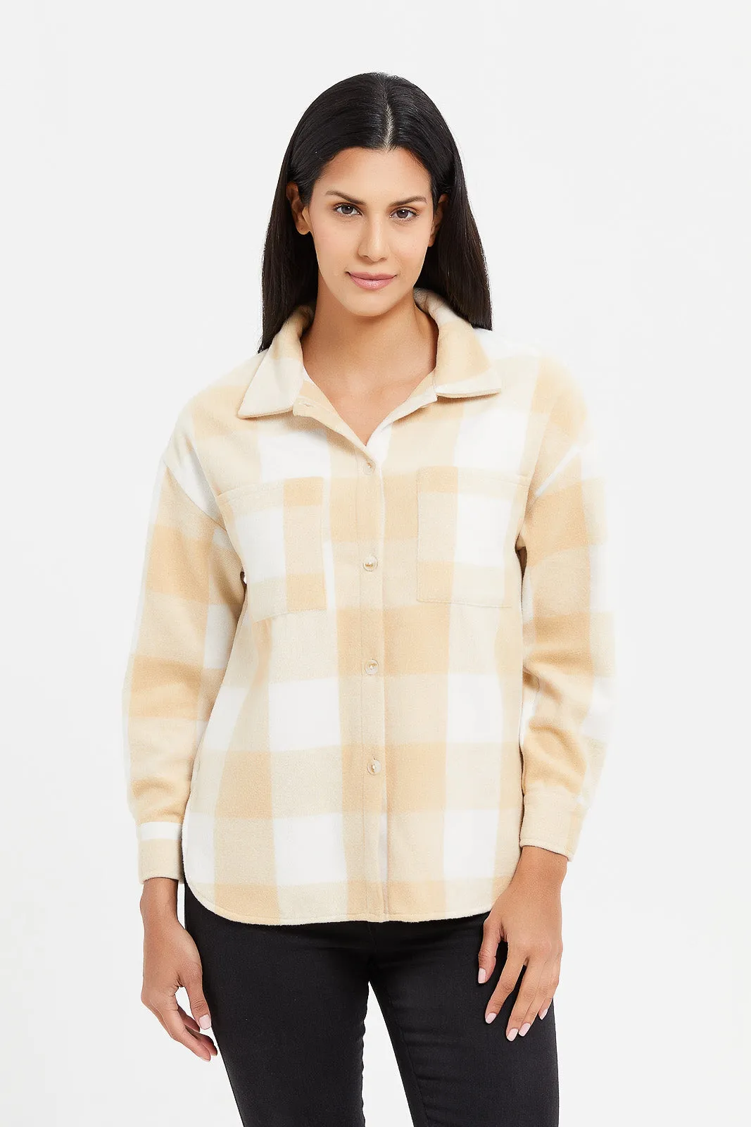 Women Beige Checkered Oversized Shirt