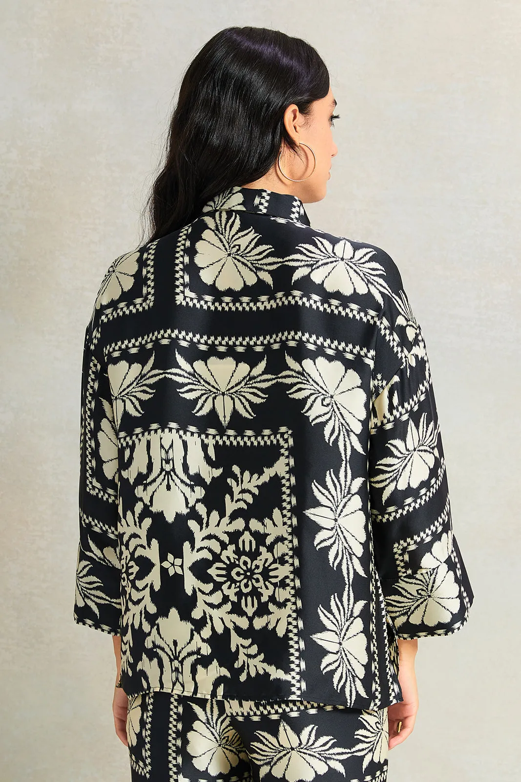 Women Black And  White Satin Printed Blouse