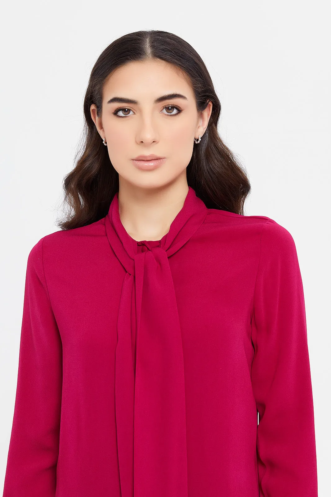 Women Fuchsia Tie Up Neck Satin Blouse