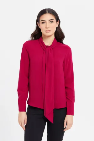 Women Fuchsia Tie Up Neck Satin Blouse