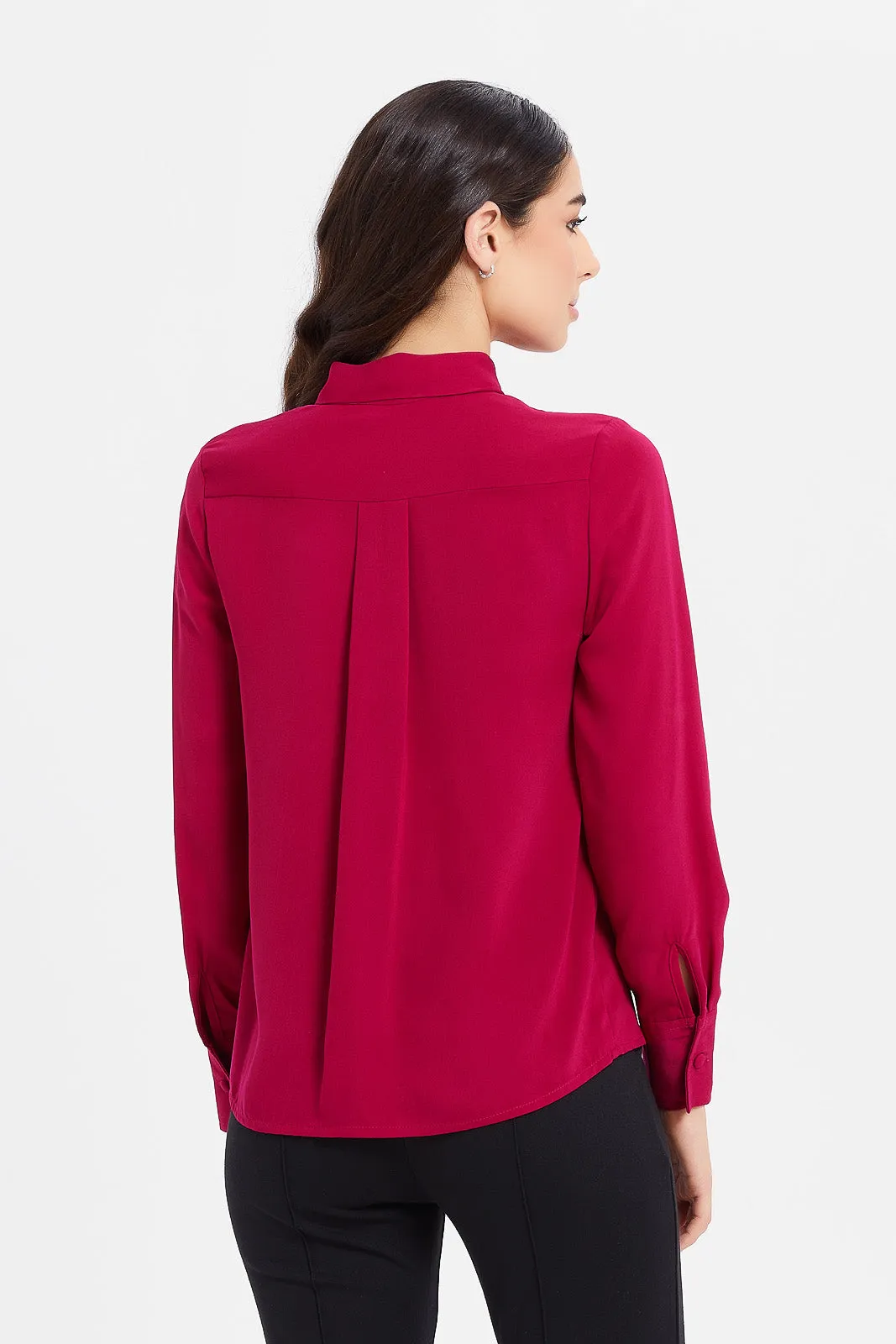 Women Fuchsia Tie Up Neck Satin Blouse