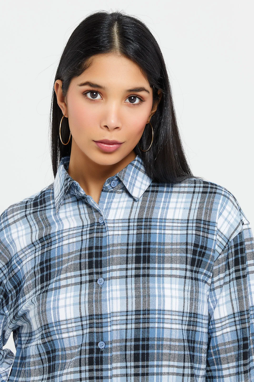 Women Navy Checkered Oversized Shirt