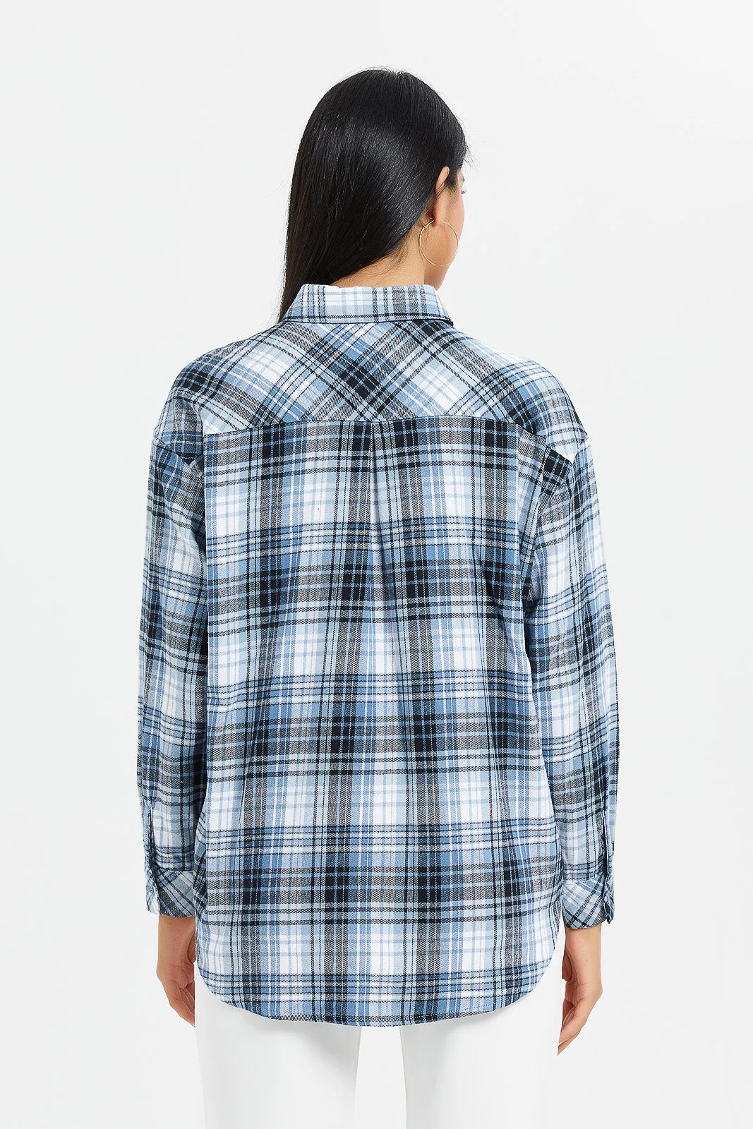 Women Navy Checkered Oversized Shirt