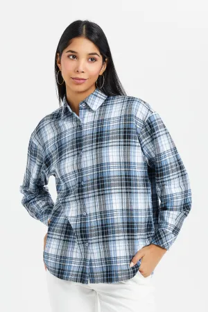 Women Navy Checkered Oversized Shirt