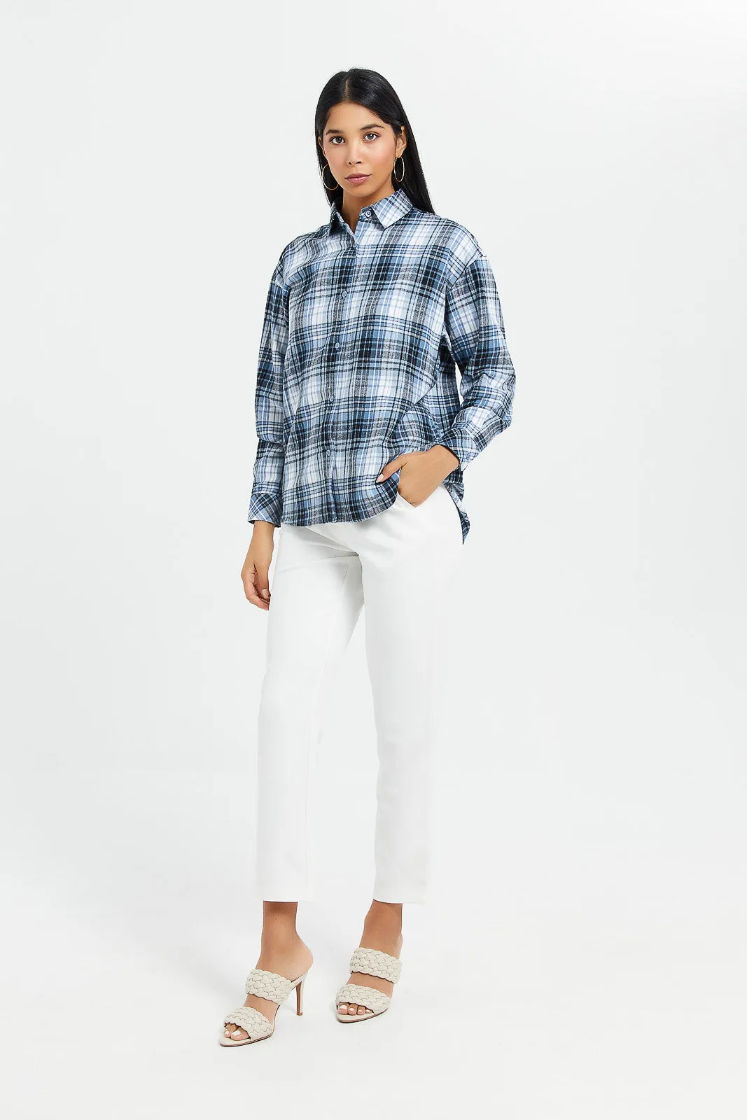 Women Navy Checkered Oversized Shirt