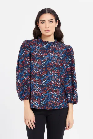 Women Navy Printed Ruffled Neck Blouse