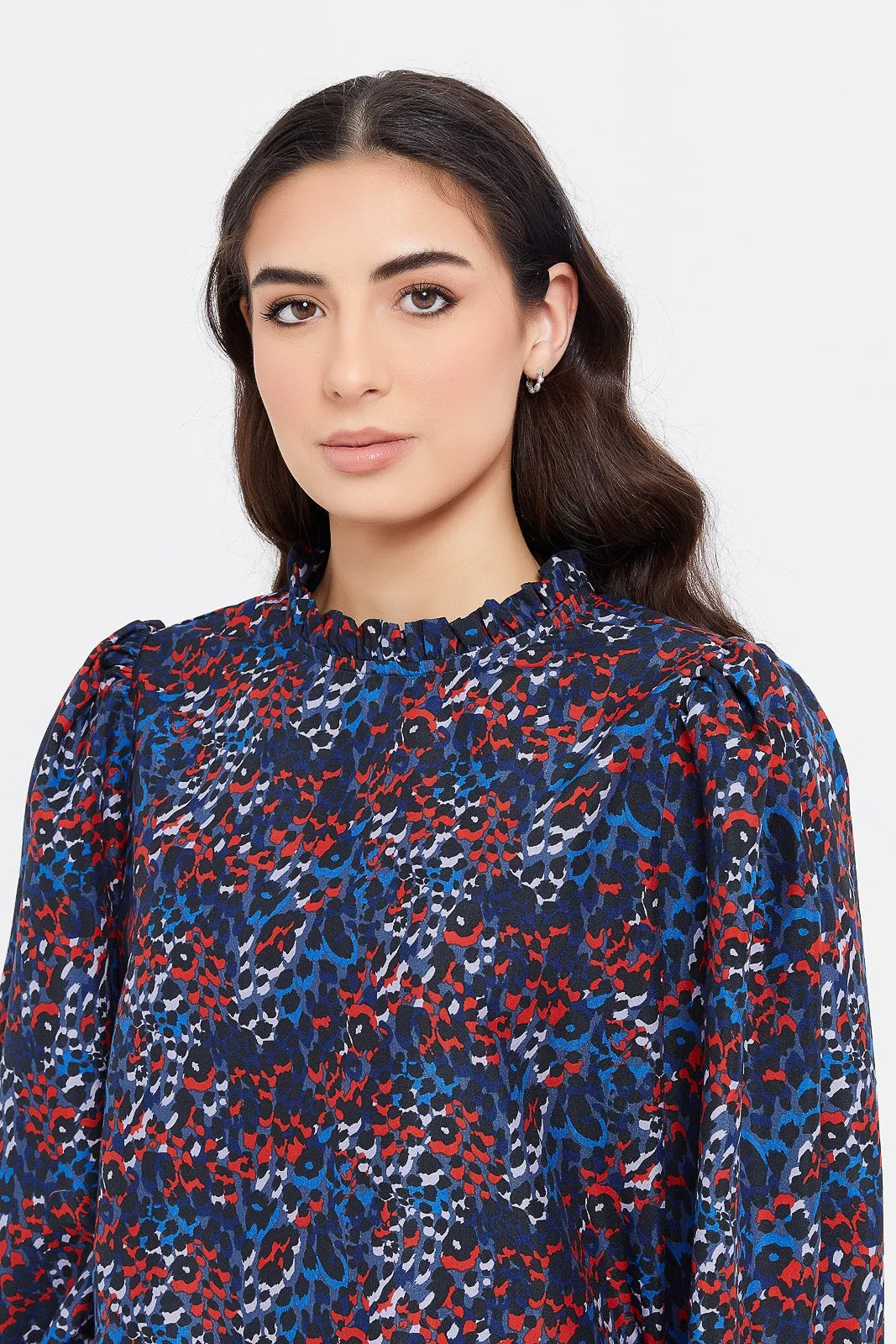 Women Navy Printed Ruffled Neck Blouse