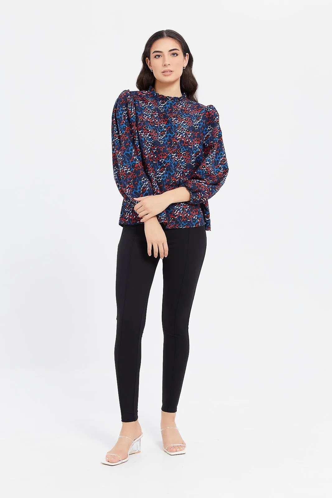 Women Navy Printed Ruffled Neck Blouse