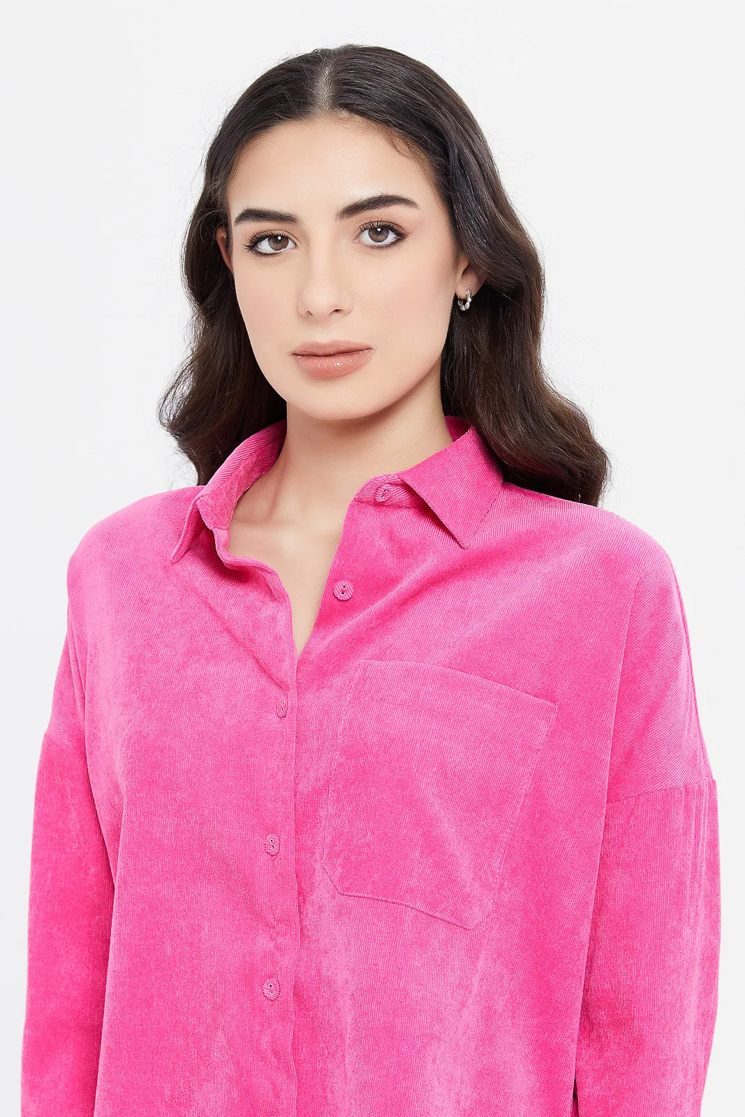 Women Pink Corduroy Over Sized Shirt