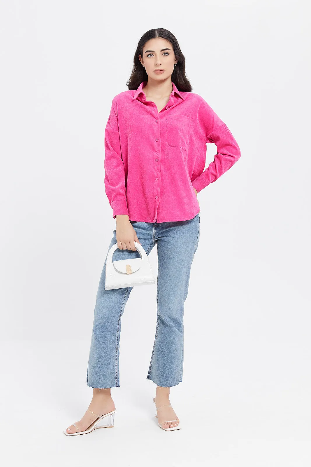 Women Pink Corduroy Over Sized Shirt