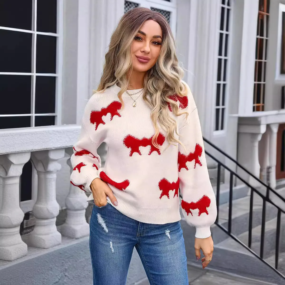 Women's Round-collar Long-sleeve Knitwear Bow Sweater