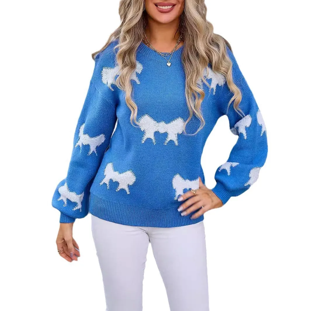 Women's Round-collar Long-sleeve Knitwear Bow Sweater