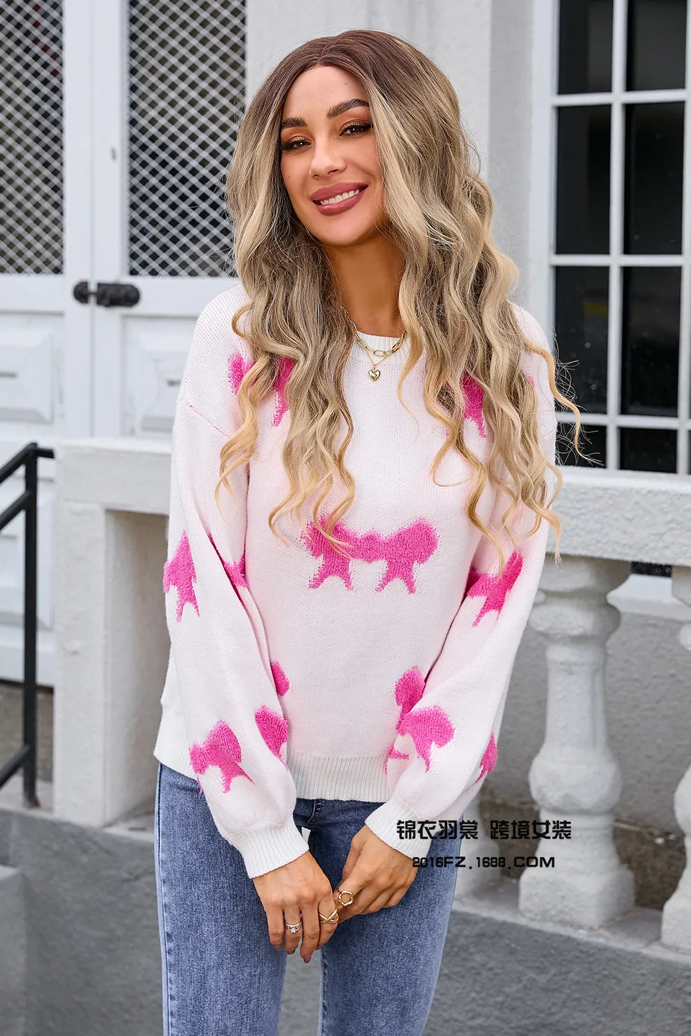 Women's Round-collar Long-sleeve Knitwear Bow Sweater